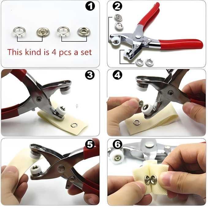 Metal studs for clothing crafts with pliers tool demonstrating step-by-step attachment process