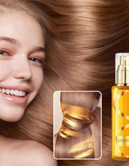 Fragrance hair care spray for dry hair by The Gir Farmer with golden bottle and smooth shiny hair