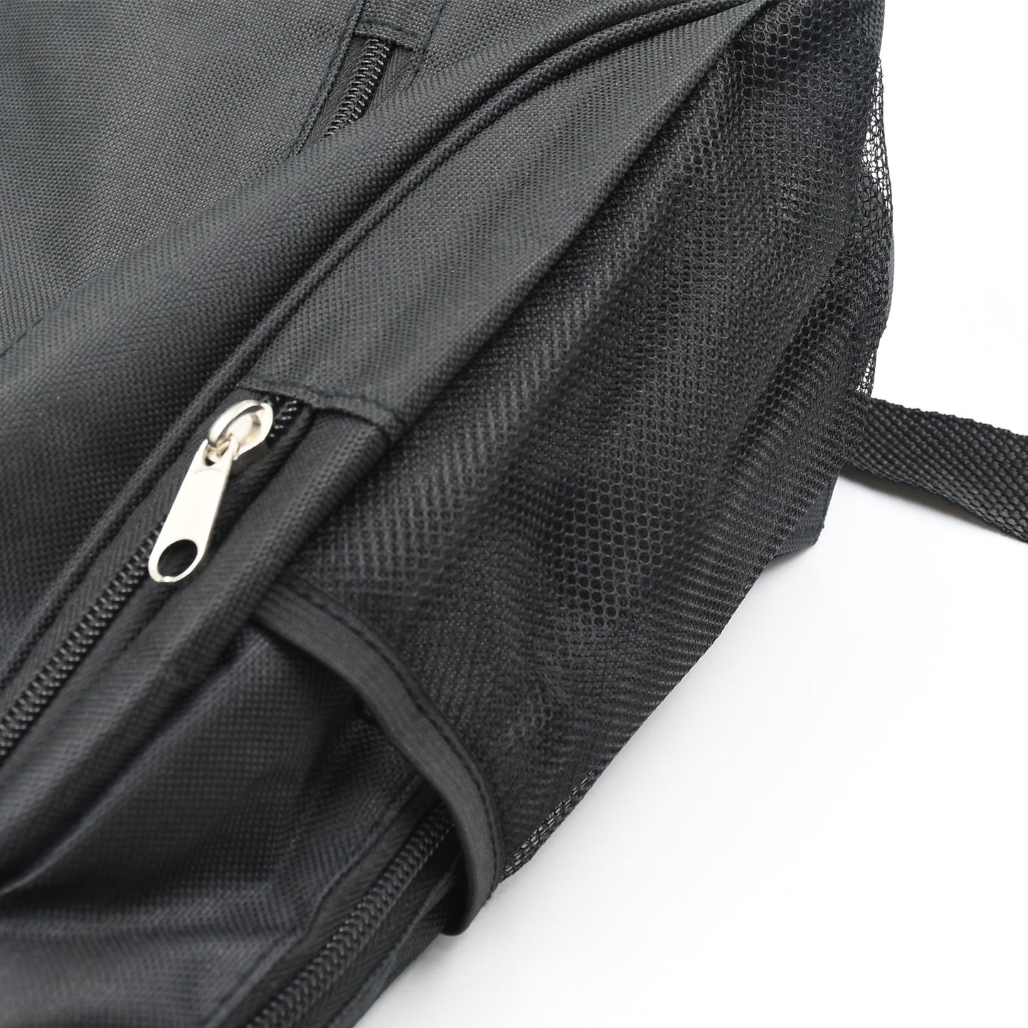 Close-up of a durable black water-resistant laptop backpack with zippered pocket features
