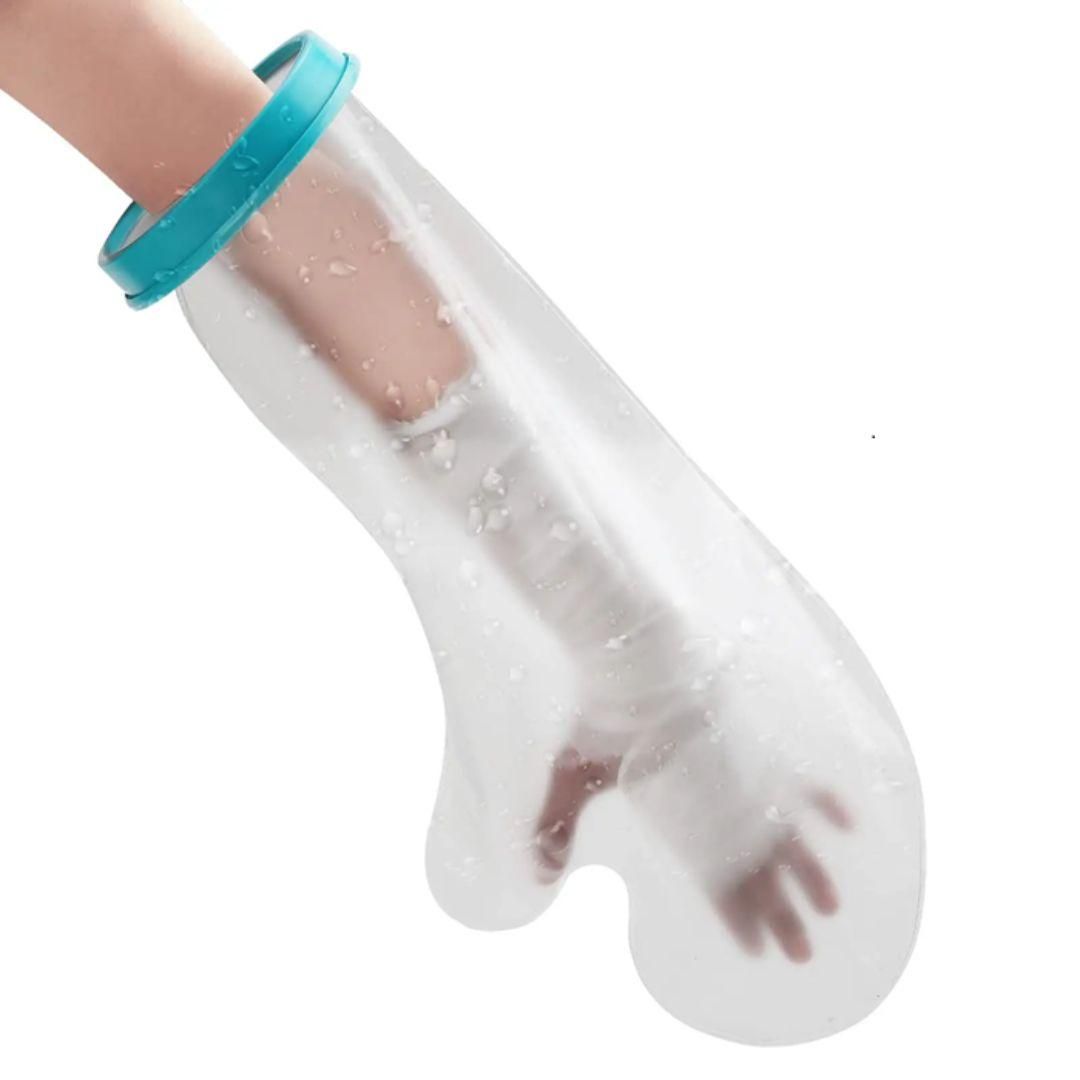 Waterproof cast cover for hand with teal ring sealing against water and transparent protective sleeve