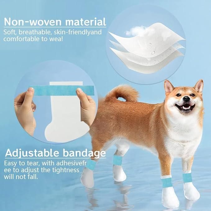 Waterproof dog paw covers from THE GIR FARMER featuring non-woven breathable material and adjustable bandage for secure fit