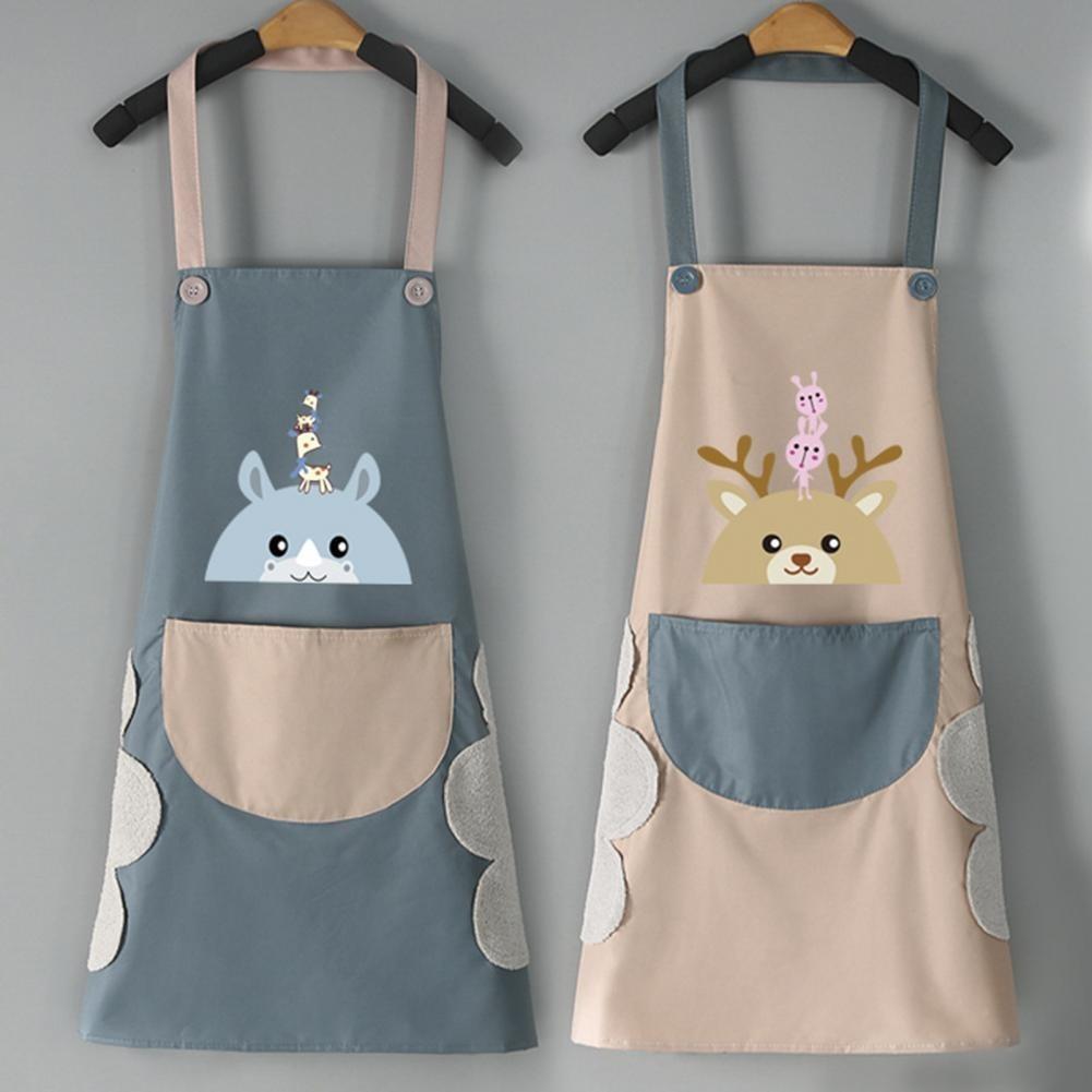 Waterproof kitchen apron for women with cute animal designs and front pockets in blue and beige