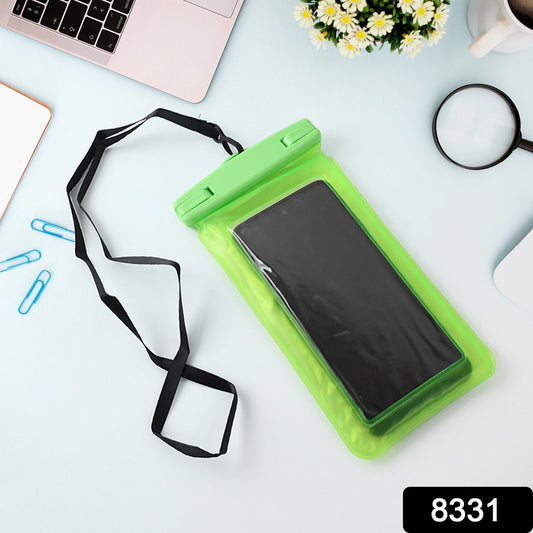 Bright green waterproof phone pouch for swimming with adjustable strap and smartphone inside