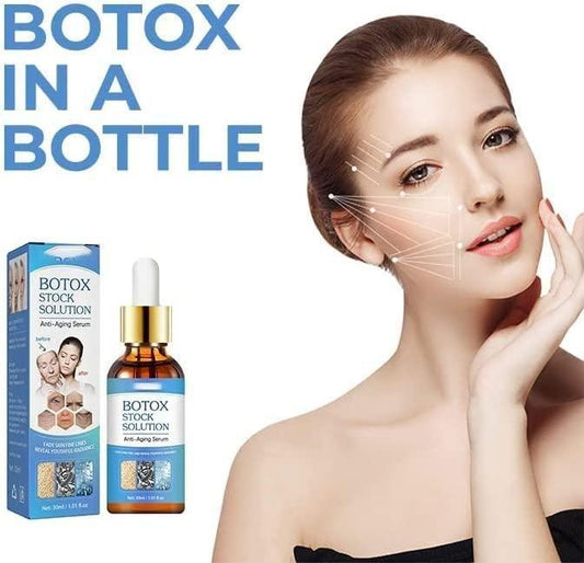 THE GIR FARMER Botox Anti-Aging Serum in a bottle for youthful skin with facial application diagram