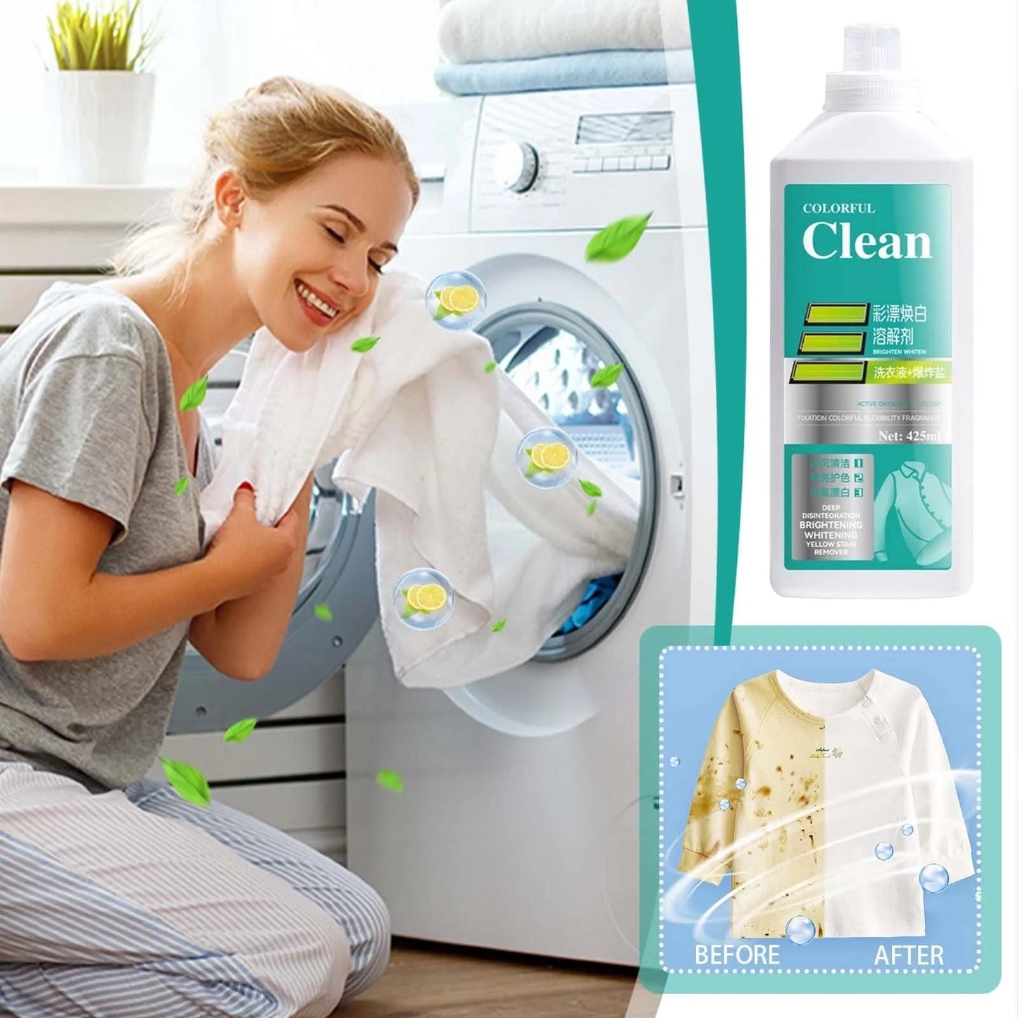 The Gir Farmer gentle stain remover for clothes with before and after stain cleaning on white fabric
