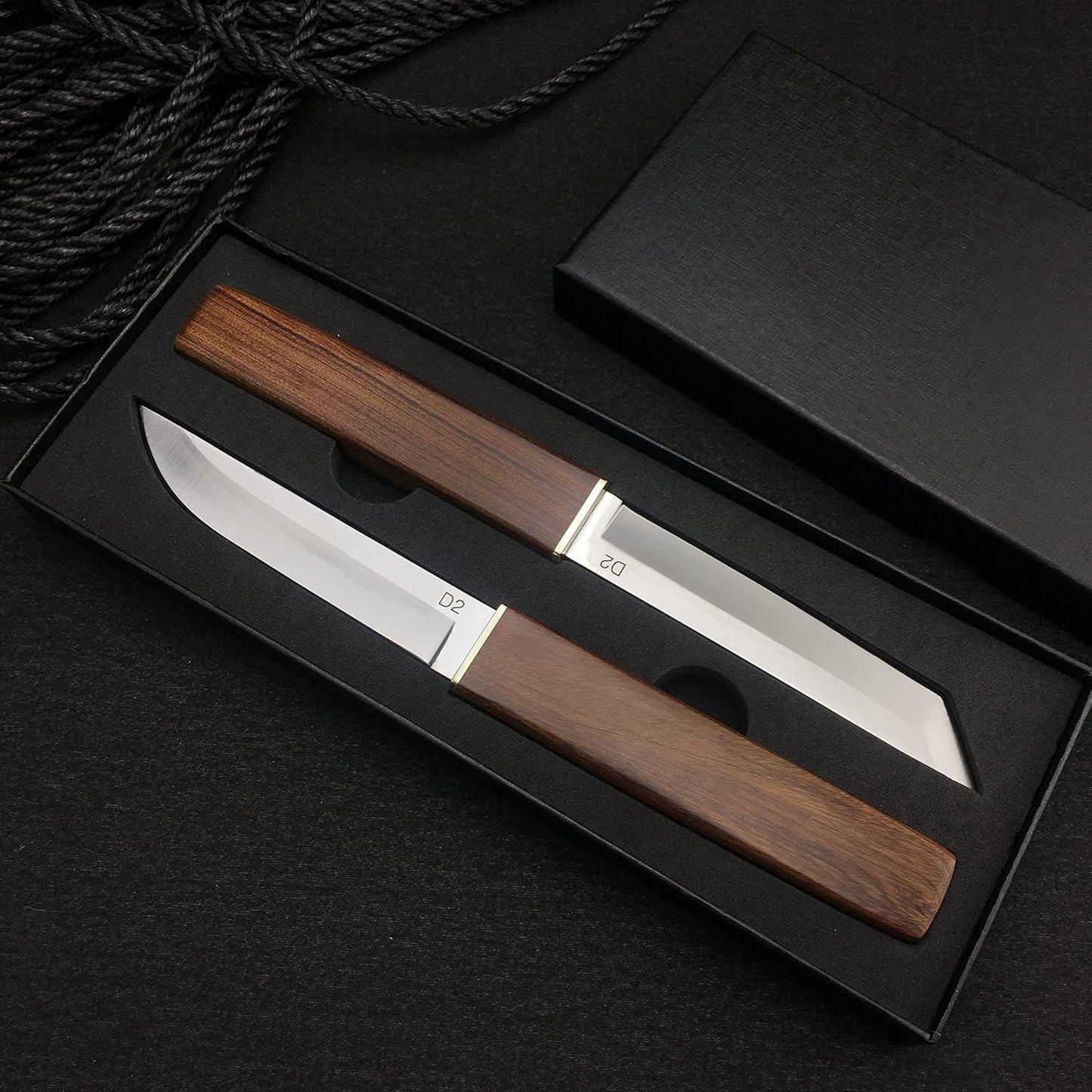 THE GIR FARMER wooden handle kitchen knife set with two sharp stainless steel blades in black gift box