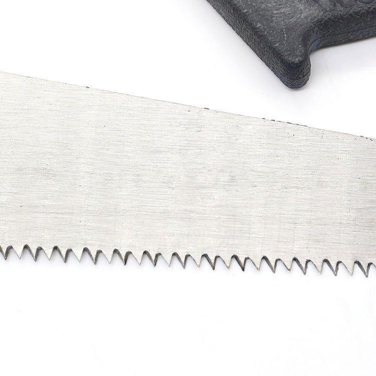 Your Brand powerful hand saw for wood cutting showing close up of sharp teeth and textured handle