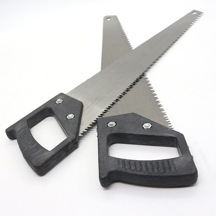 Two Your Brand powerful hand saw for wood cutting with black handles and sharp steel teeth on white background