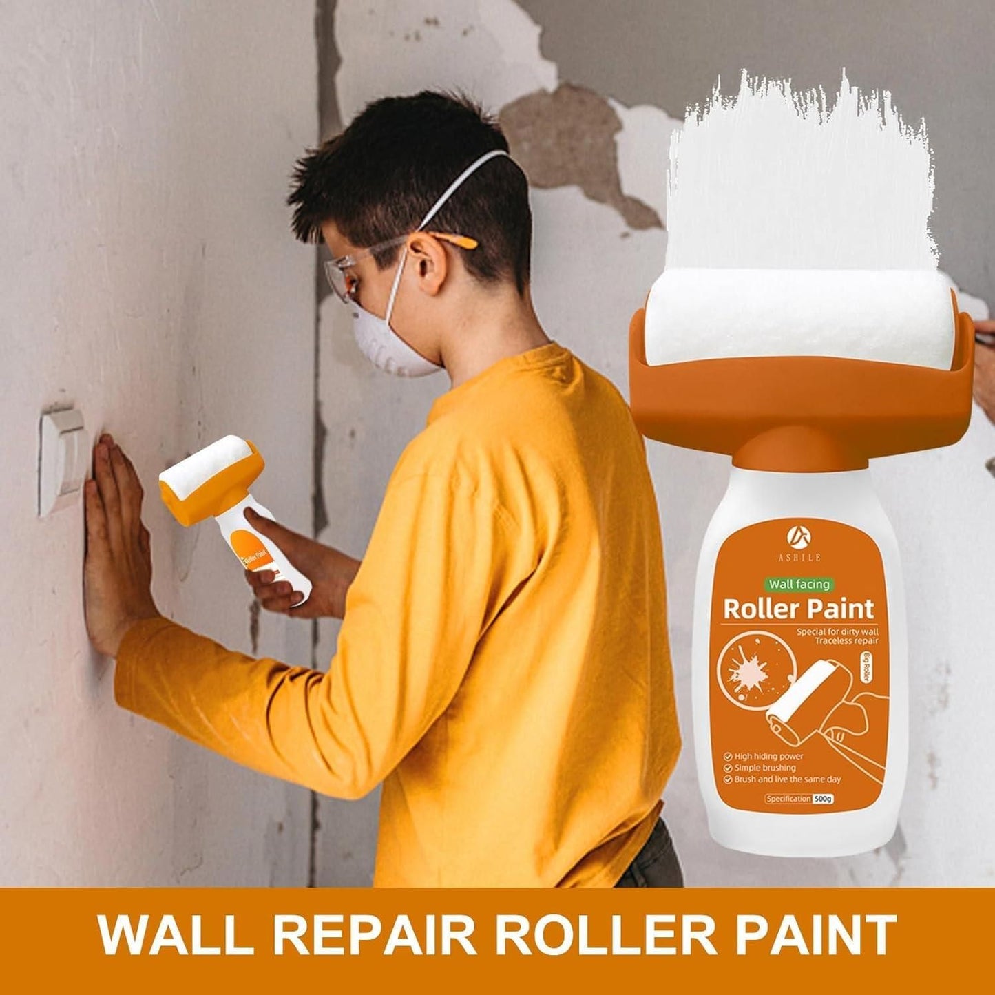 Young man repairing damaged plaster with wall facing roller paint and compact handheld roller in white