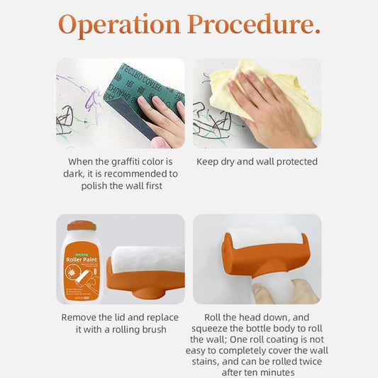 wall facing roller paint demo showing sanding, wiping, replacing lid with roller brush and rolling application