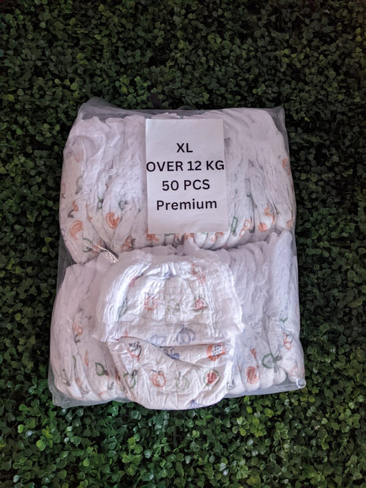 Pack of XL baby diapers with wipes featuring floral designs in a clear bag for easy storage