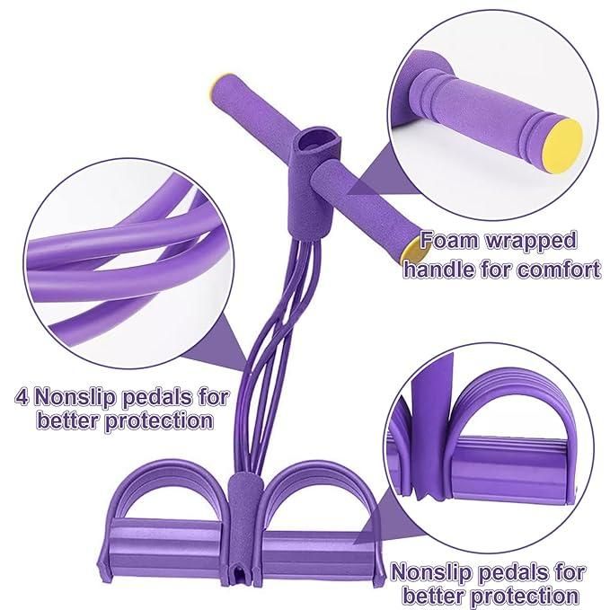 Purple yoga stretch resistance puller with foam wrapped handles and nonslip pedals for better protection