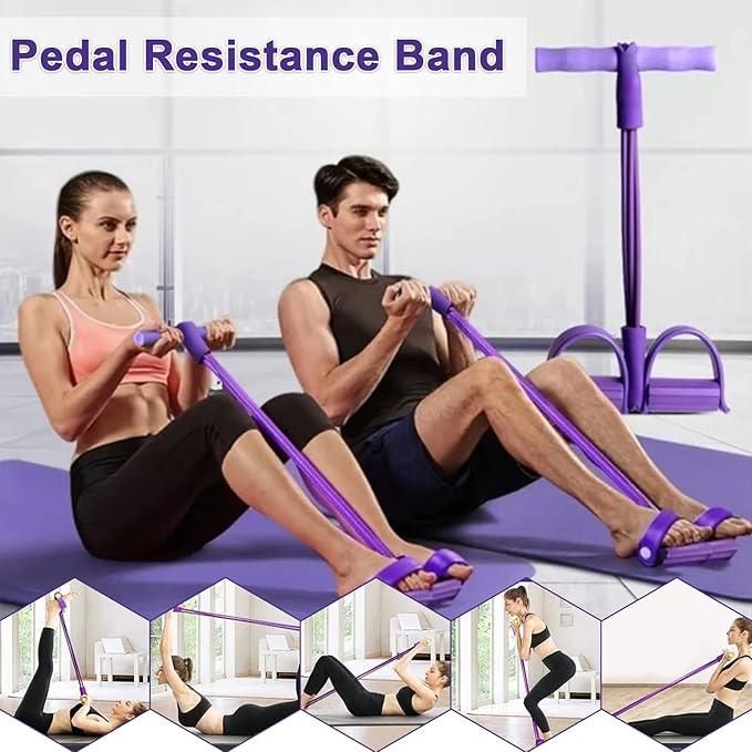 Two people using a purple yoga stretch resistance puller for seated exercises on mats indoors
