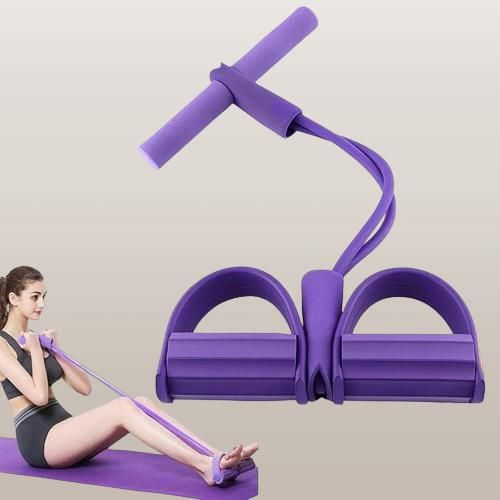 Purple yoga stretch resistance puller with foam handles and foot pedals for home exercise