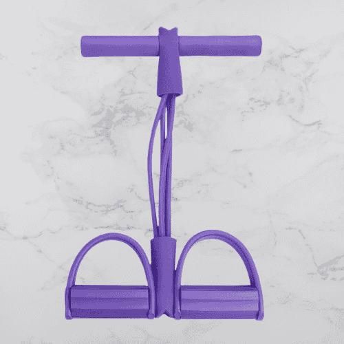 Purple yoga stretch resistance puller with foam handles and foot pedals for exercise and stretching