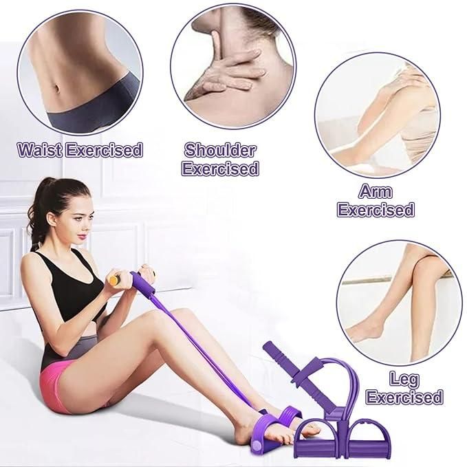 Woman using purple yoga stretch resistance puller for waist shoulder arm and leg exercises