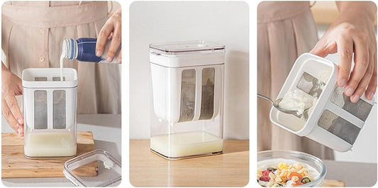 White yogurt maker with strainer shown pouring milk, straining yogurt, and scooping strained yogurt