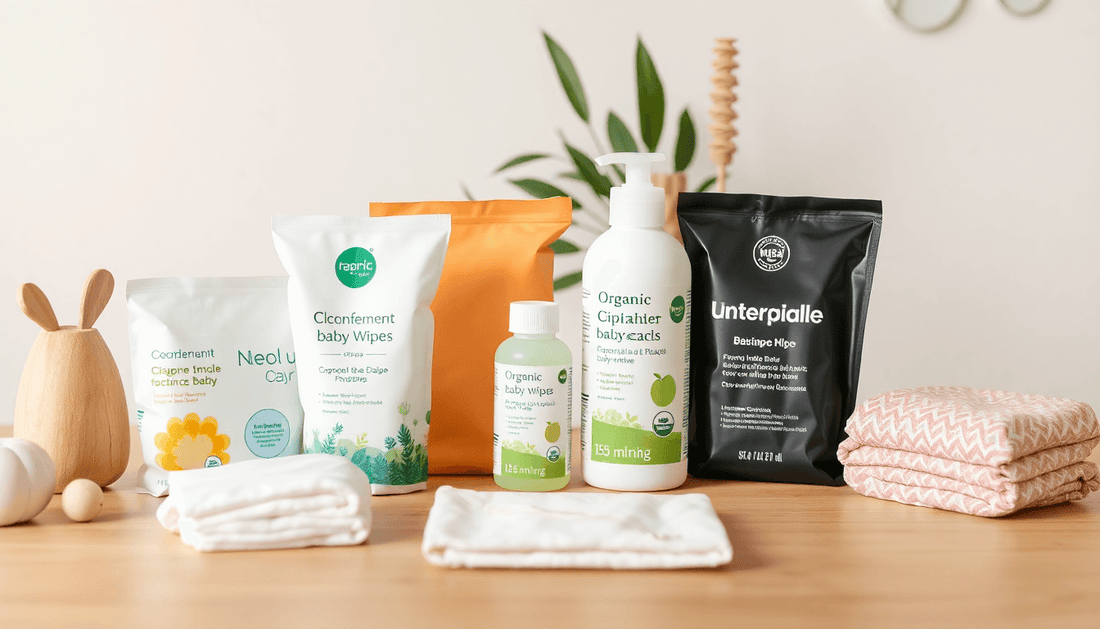 A collection of organic baby Diaper & wipes products on a table