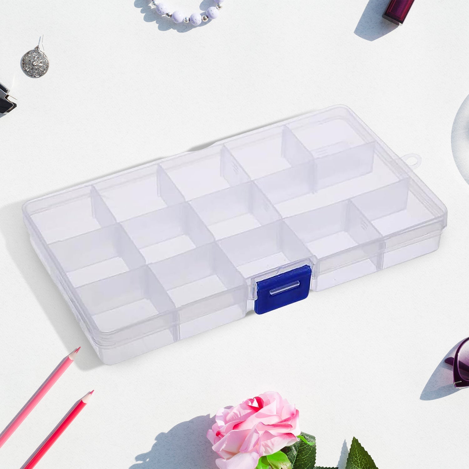 15-Grid Clear Plastic Jewelry Organizer Box with Dividers (1 Pc) Your Brand