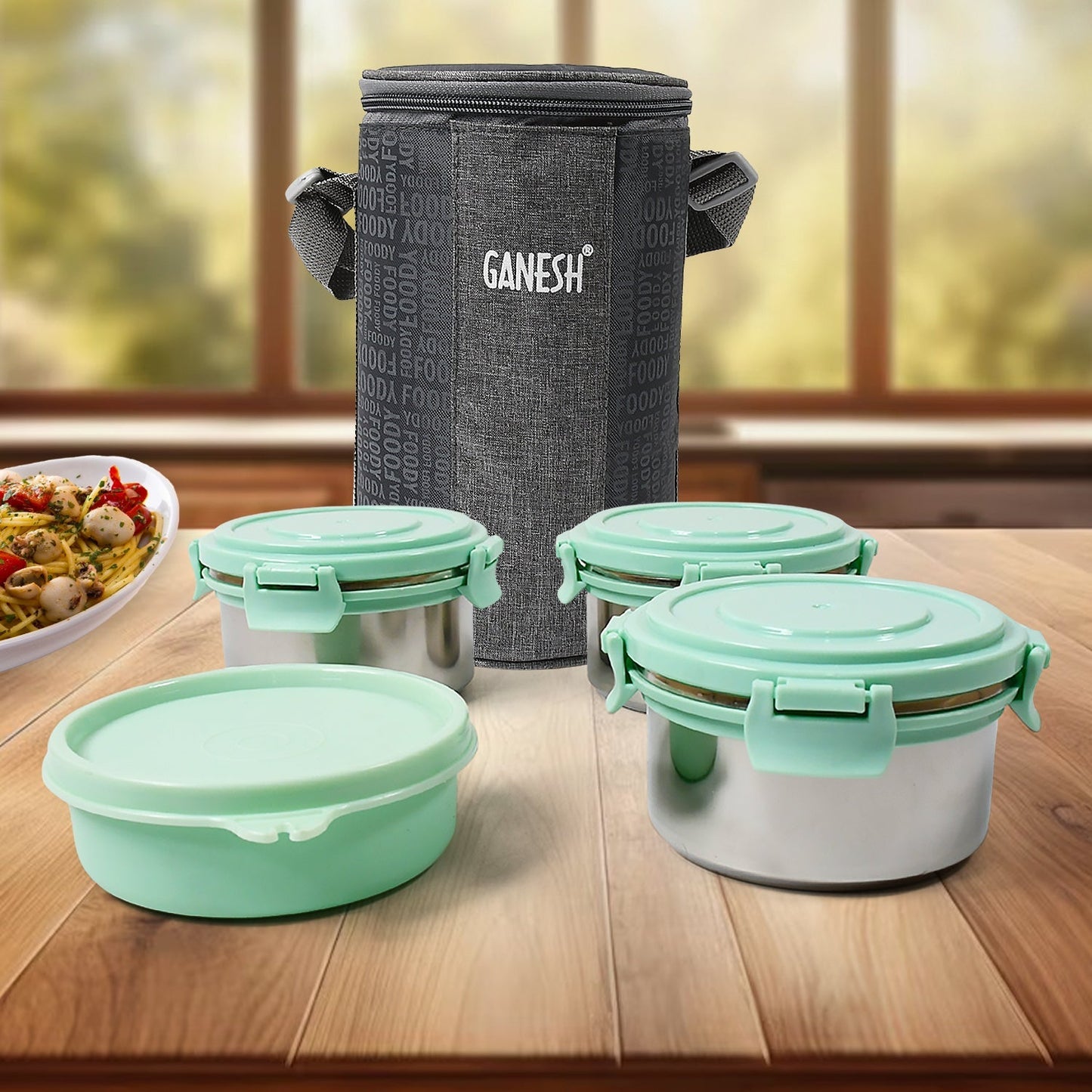 Ganesh 4In1 Tiffin Box-Lunch Box | 3 Stainless Steel Containers 300 Ml Approx & Plastic Salad Container 200 Ml Approx| Plastic lid Box | Round Zip Bag | Leak Proof | Microwave Safe for Office, College and School for Men, Women  Your Brand