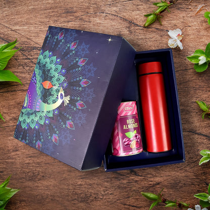 Personalized Temperature Water Bottle & Rose Almond Chocolate (With Attractive Peacock Box / 2 Pc Set / Mix Color Bottle) Your Brand