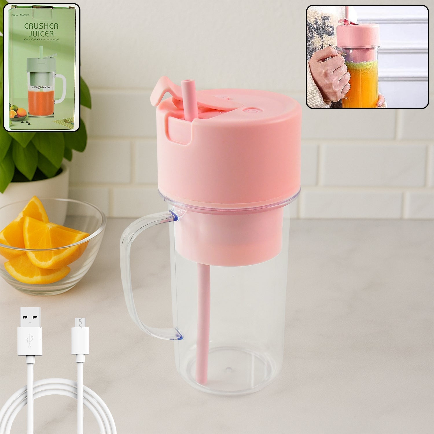 Portable Crusher Juicer With Handle & Straw, USB Rechargeable Multi Blades (420 ML) Your Brand