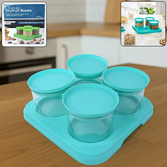 Airtight Container Jar 4 Pc Set With Stylish Tray for Kitchen Unbreakable Jar Set for Multipurpose Storage ( Mukhwas Dani ) Your Brand