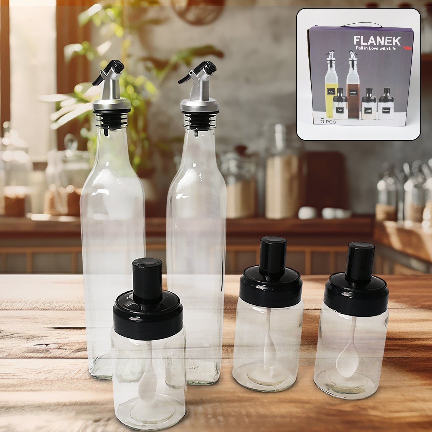 Transparent Glass Oil Dispenser 500 ML Bottle Set of 2, Spice Jar 250 ML Set of 3, Oil Bottle for Kitchen, Oil & Vinegar Storage Glass Bottle, Glass Container for Spice, Masala (5 Pcs Set) Your Brand