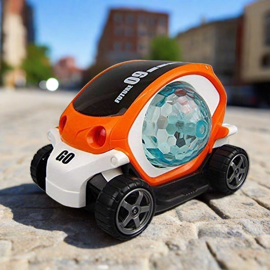 360° Rotating Stunt Car Toy – Bump & Go with 4D Lights, Music & Disco Ball (1 Pc, Battery Not Included) Your Brand