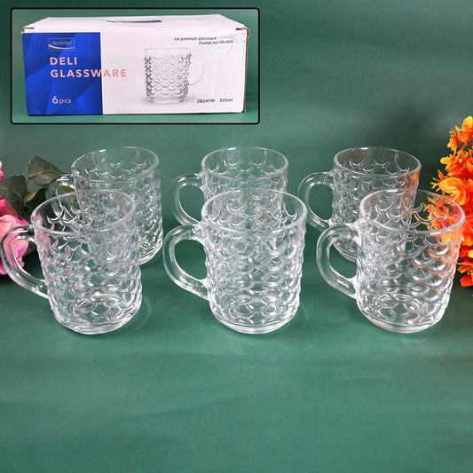 Glass Coffee & Tea Cup / Mug With Handle, Water glass (6 pcs Set / 225 ML) Your Brand