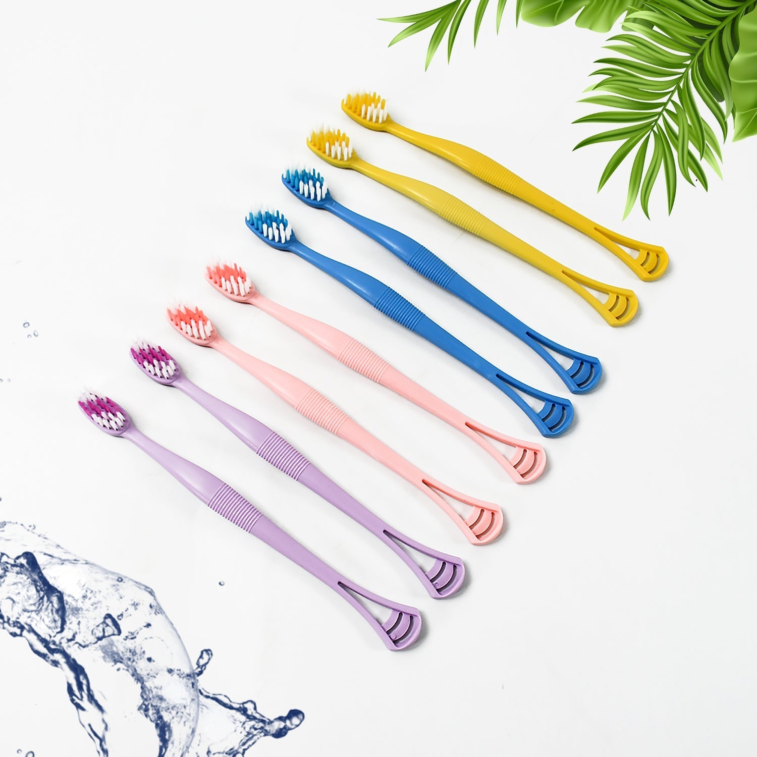 2-in-1 Tooth Brush with Tongue Scraper, Soft Bristle & Long Handle (8Pcs) Soft Toothbrush Your Brand