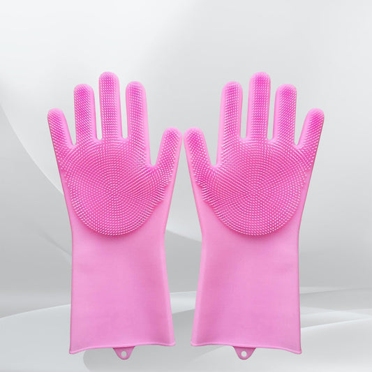 Dishwashing Gloves with Scrubber| Silicone Cleaning Reusable Scrub Gloves for Wash Dish Kitchen| Bathroom| Pet Grooming Wet and Dry Glove (1 Pair, 250 Gm) Your Brand