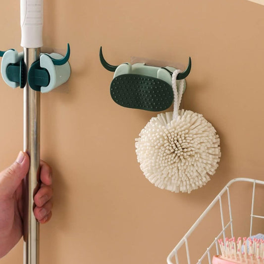Multifunctional Cartoon Sticky Punch Free Mop Holder Wall Mounted Broom Organizer Cleaning Tools Holder Hanger, Self Adhesive Cute Cow Head Suction Cup Hanging Hook for Bathroom Kitchen (1 Pc) Your Brand