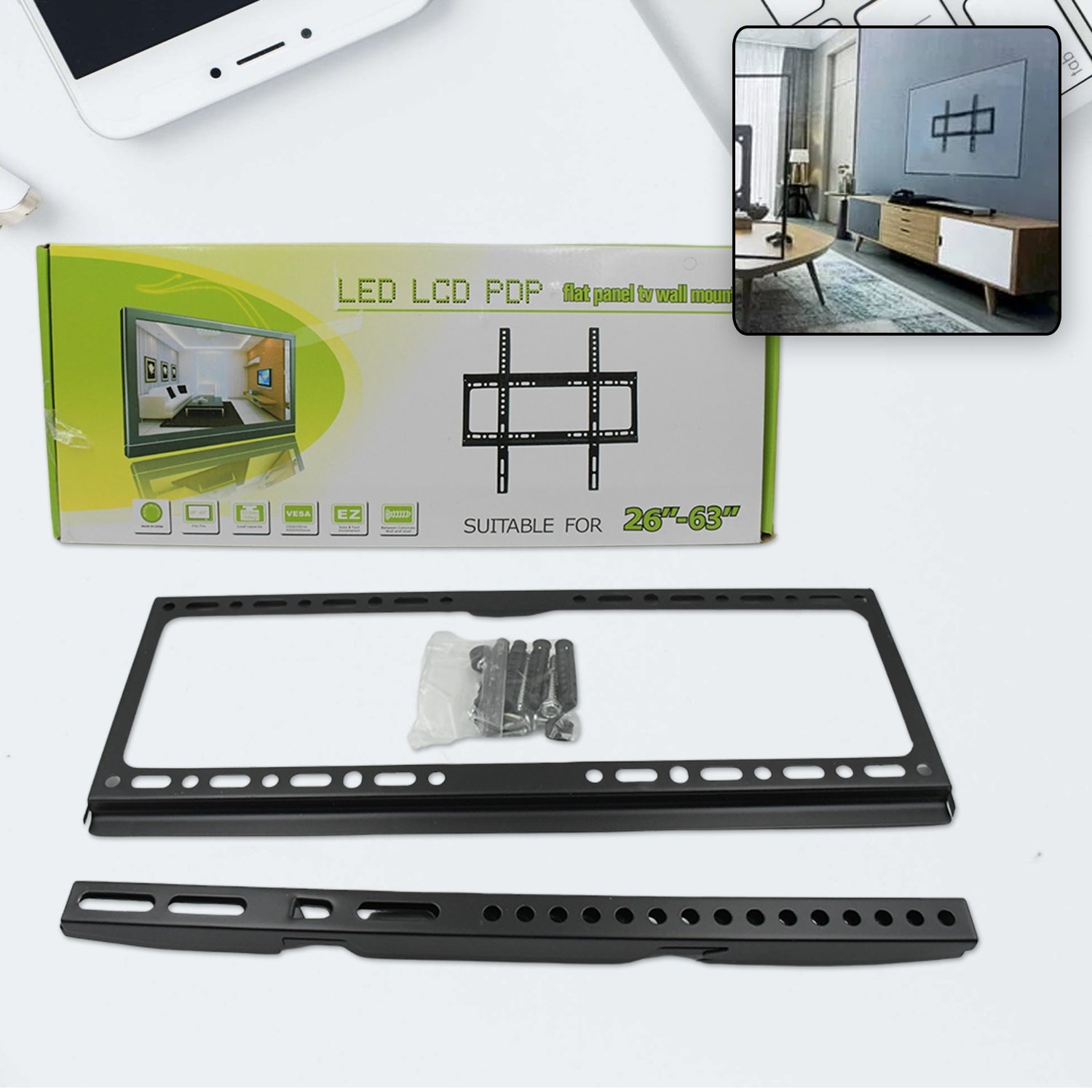 TV Wall Bracket Mount Slim Monitor Stand for 26 x 63, LCD LED 3D plasma Flat TVs Full Motion Heavy-Duty Wall Bracket, Sturdy and Strong Flat Screen Design TV Wall Mount (46cmx20cm) Your Brand
