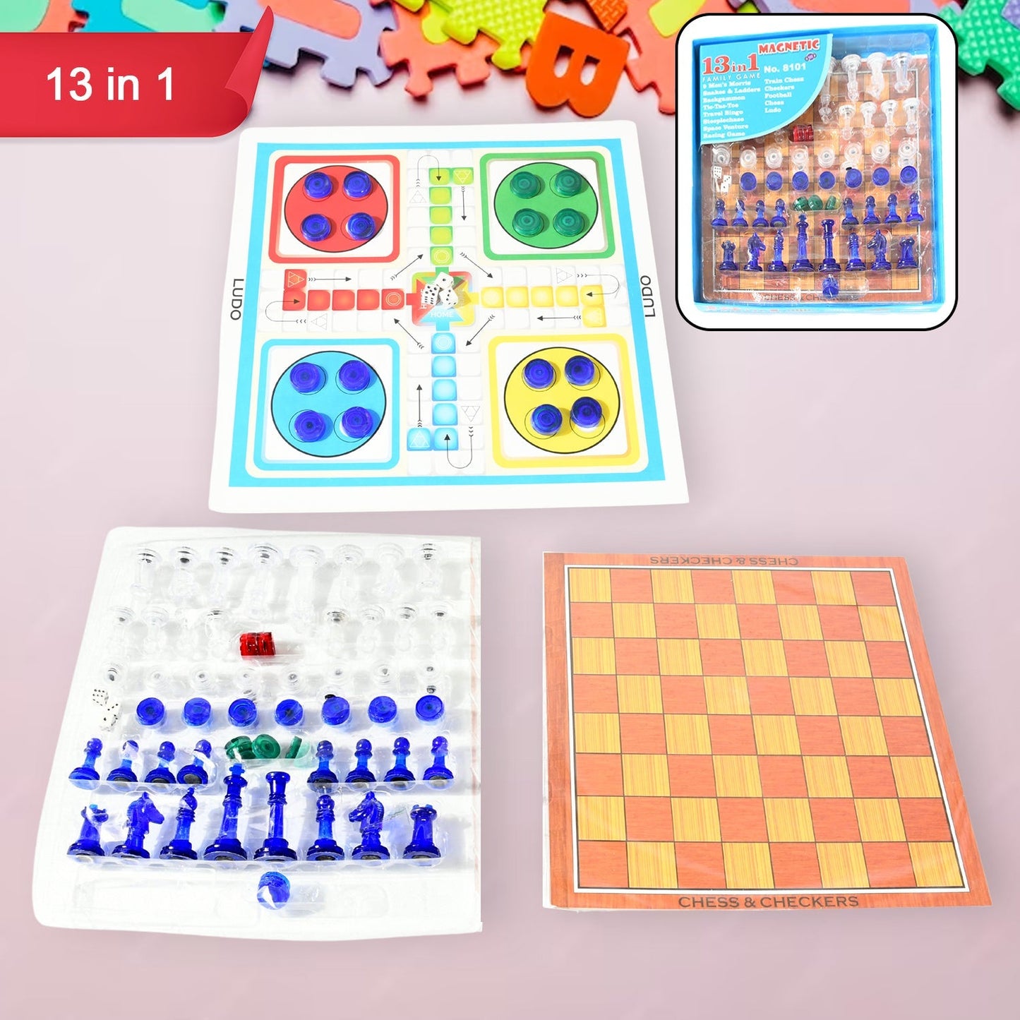 13 in 1 Family Board Game Chess, Snakes & Ladders, Ludo, Tic-Tac-Toe, Checkers, Travel Bingo, Football, Space Venture, Steeplechase Set for Kids Your Brand
