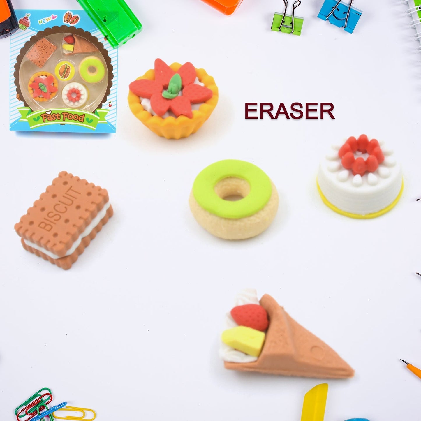 3D Fast Food Erasers Set, Cute Mini Colorful Erasers for Kids Gift & School (5 Pcs) Your Brand