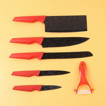 Kitchen Knife Set with Marble-Coated Blades & Red Handles (6 Pc) Your Brand