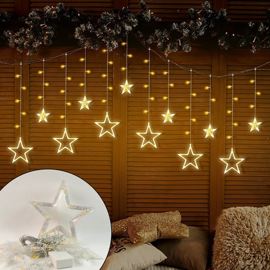 12 Stars LED Curtain String Lights with 8 Flashing Modes for Home Decoration, Diwali & Wedding LED Christmas Light Indoor and Outdoor Light ,Festival Decoration  (Warm White / With Box) Your Brand