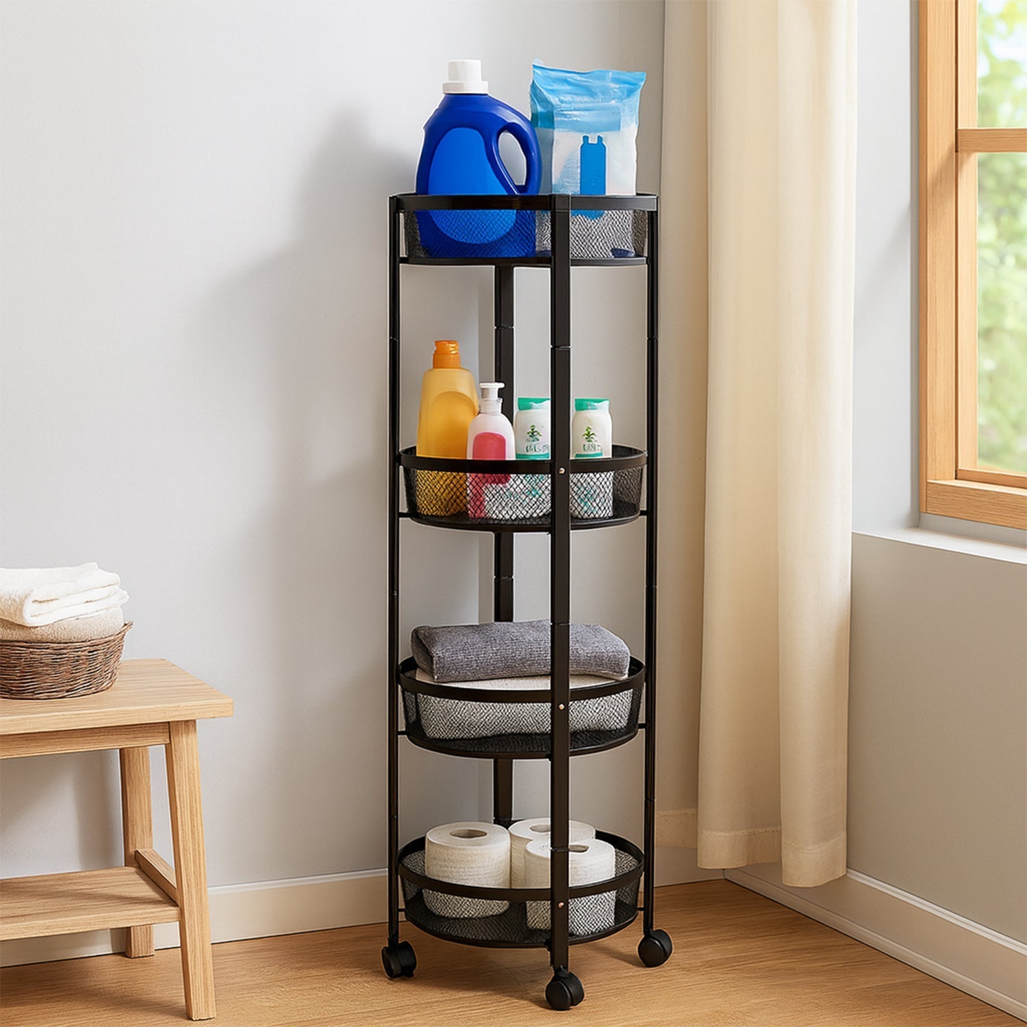 4-Layer Round Metal Mesh Storage Organizer Rack with Wheels (1 Pc) Your Brand