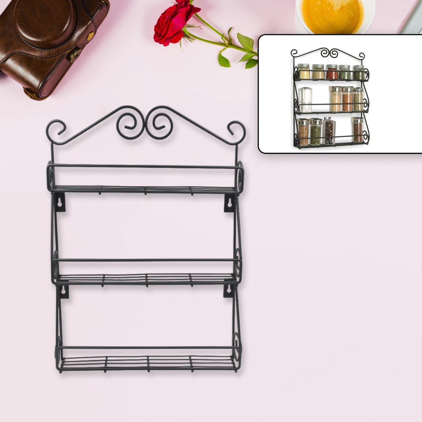 Big Wall Mounted Iron Wall Shelf with 3 Storage Racks for Kitchen, Pantry, Cabinet, Counter top or Free Standing, Rack Holder for Kitchen Your Brand