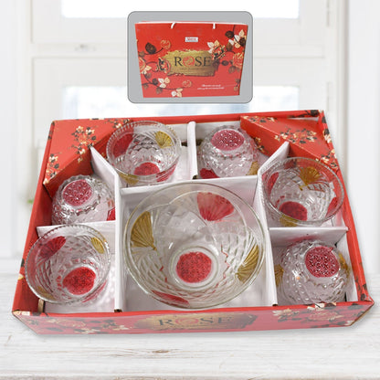 Rose glass Multipurpose Pudding / Dessert / Ice Cream Bowl Set for Home use, Home & Kitchen Serving Bowl for Sundae, Sweets, Snacks, Fruit, Pudding, Nuts or Dip, Serving Bowls 6 Medium & 1 Big Bowl (Set of 7 pc) Your Brand