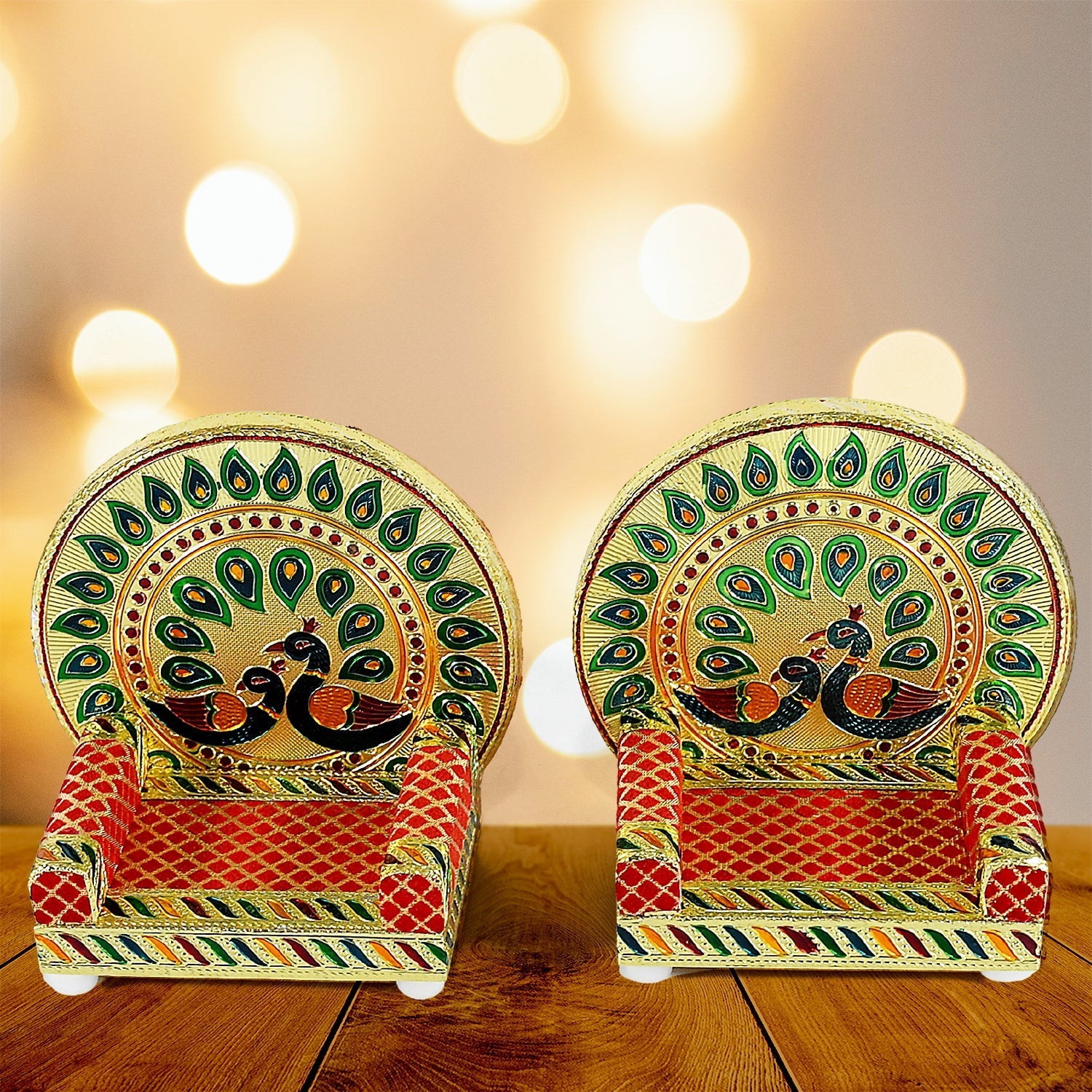 Meenakari Work Laddu Gopal Singhasan  / Sihasan for Pooja Mandir Wooden Krishna Ladoo Bal Gopal Sofa Asan, Home Decorative Premium Look Decorative Singhasan Suitable For Home, Office, Restaurant (2 Pc Set) Your Brand