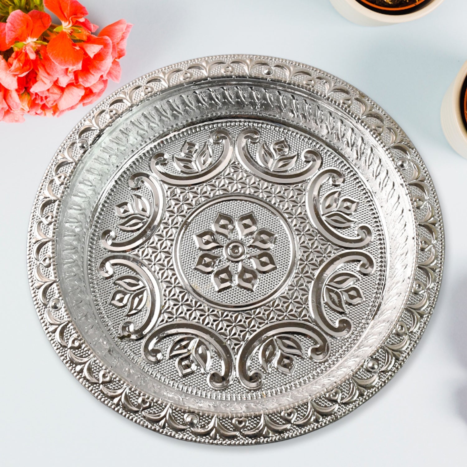 Traditional Silver Finish Plastic Pooja Thali (1 Pc) Your Brand