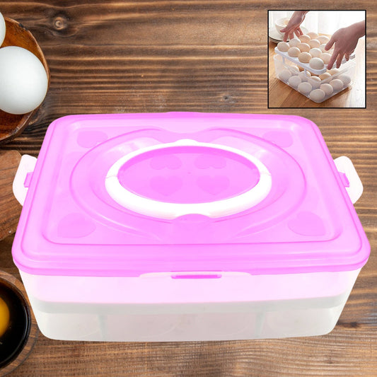 2Layer, 32 Grid Egg Tray with Lid Egg Carrier Holder for Refrigerator, Camping Food Storage Container with Handle (1 Pc ) Your Brand