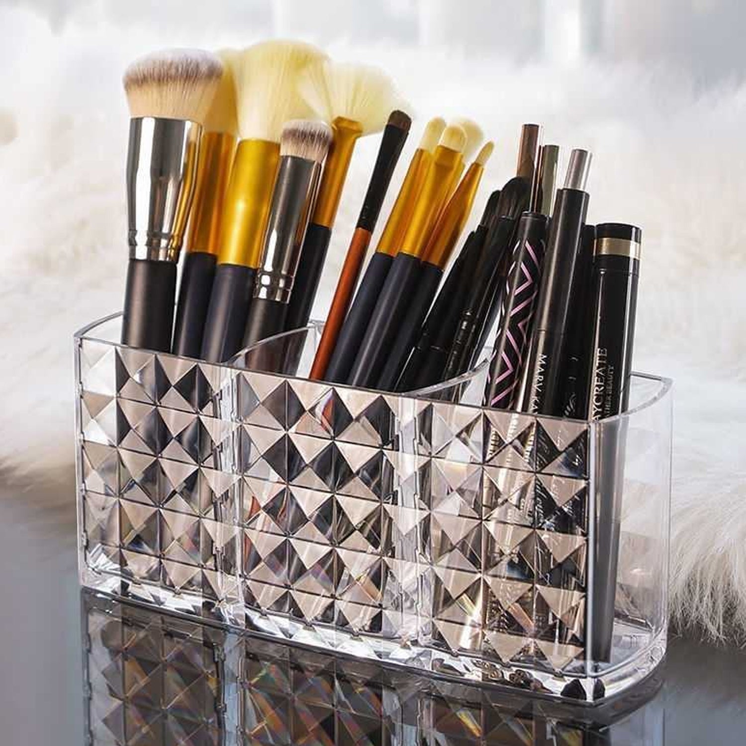 Elegant Crystal-Effect 3-Compartment Acrylic Makeup Brush Holder (1 Pc) Your Brand