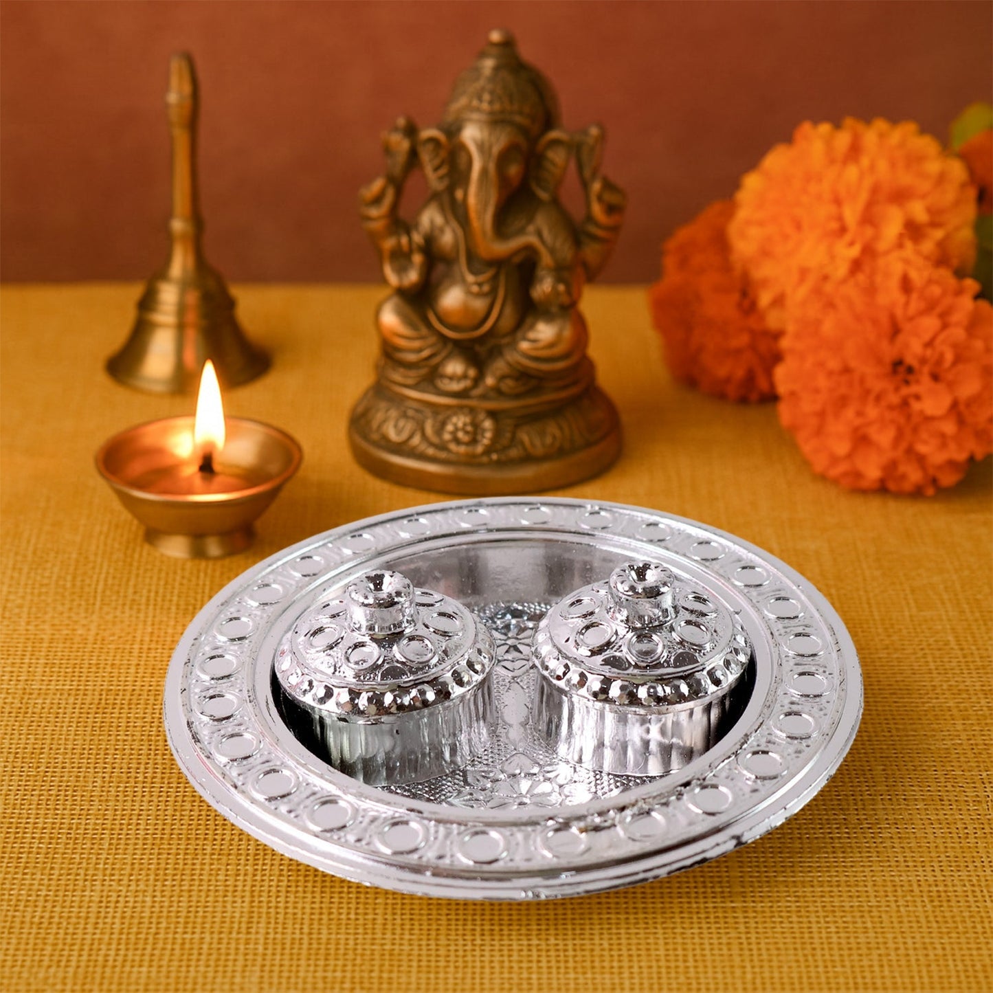Round Shape Special Puja Thali, Kumkum Thali Holder (1 Pc / Small) Your Brand