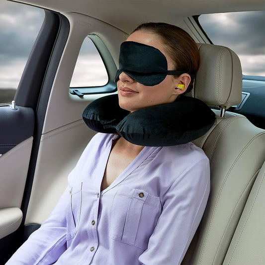 8512 3 in 1 Comfortable Travel Sleeping Kit, Neck Pillow, Eye Mask & Ear Plug Set Inflatable Plane Sleeping Pillow Head Neck Support Pillows for Travel Airplane Office, Black Your Brand