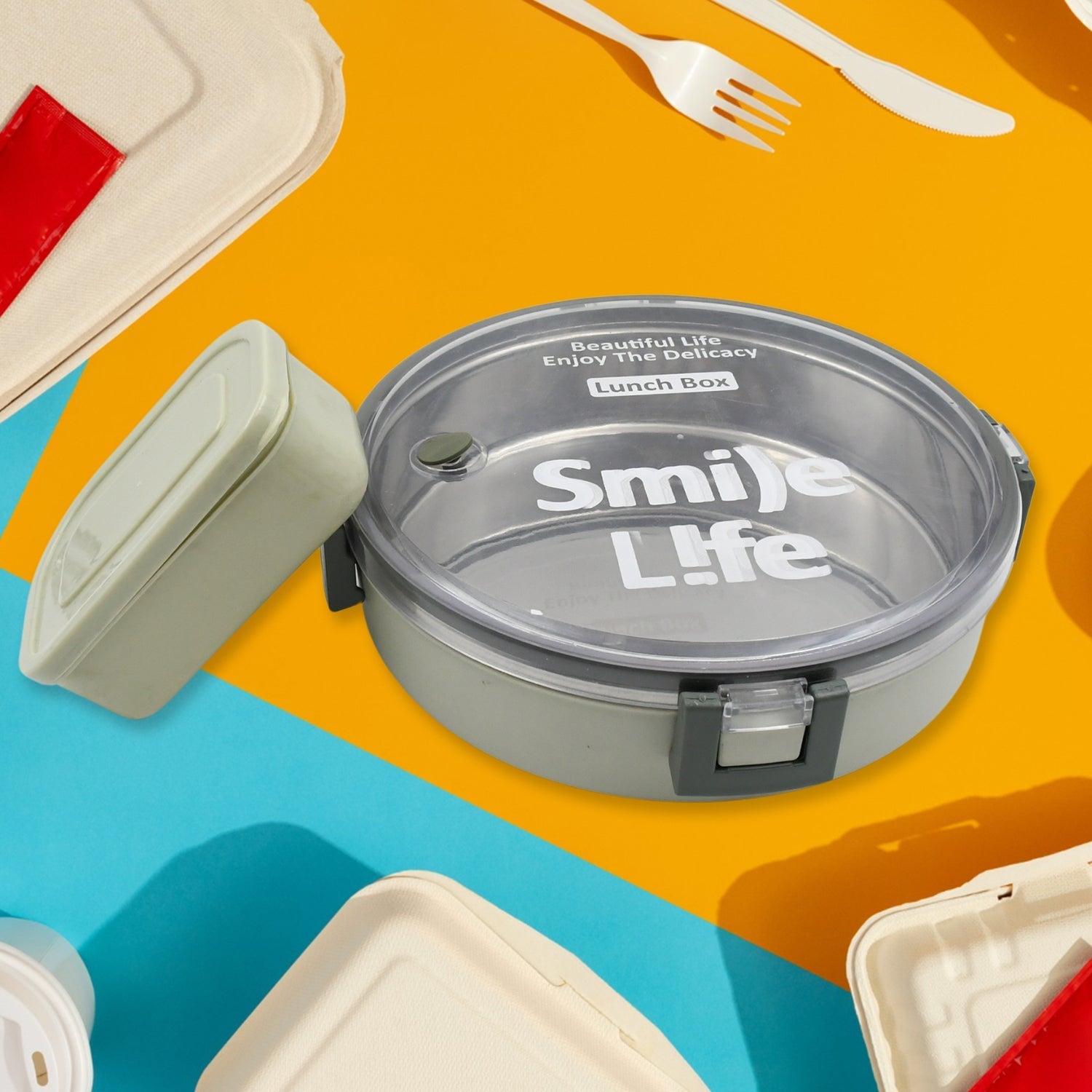 Miracle Stainless Steel Round Lunch Box, with Small Plastic Box Insert Leak Proof Lunch Box with Transparent lid, Lunch Box for Kids & Adults for School, Office (450 ML + 250 ML Approx) Your Brand