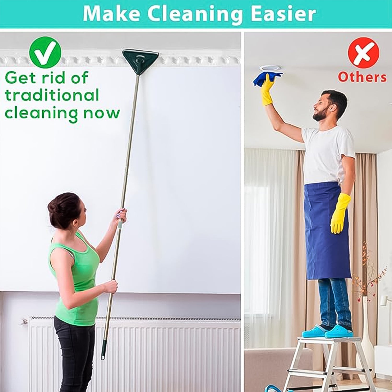 2-in-1 Extendable Triangle Mop – Retractable, 360° Rotating, Telescopic & Reusable Mop Heads (1 Pc) Your Brand