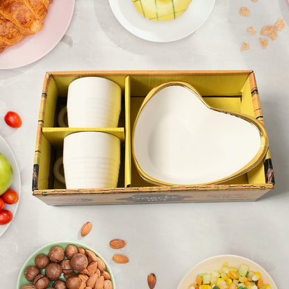 Snacks Hut Ceramic Tea / Cups Set With Heart Shape Plastic Serving Platter, Milk Cup / Mug, Coffee Cup, Tea Cup BPA Free Food Grade, or Outdoor for Household Gift For Birthday (3 Pcs Set) Your Brand